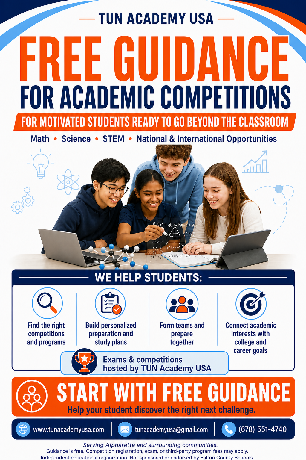 TUN Academy USA offers free guidance for motivated students seeking math, science, STEM, and national or international academic competition opportunities.